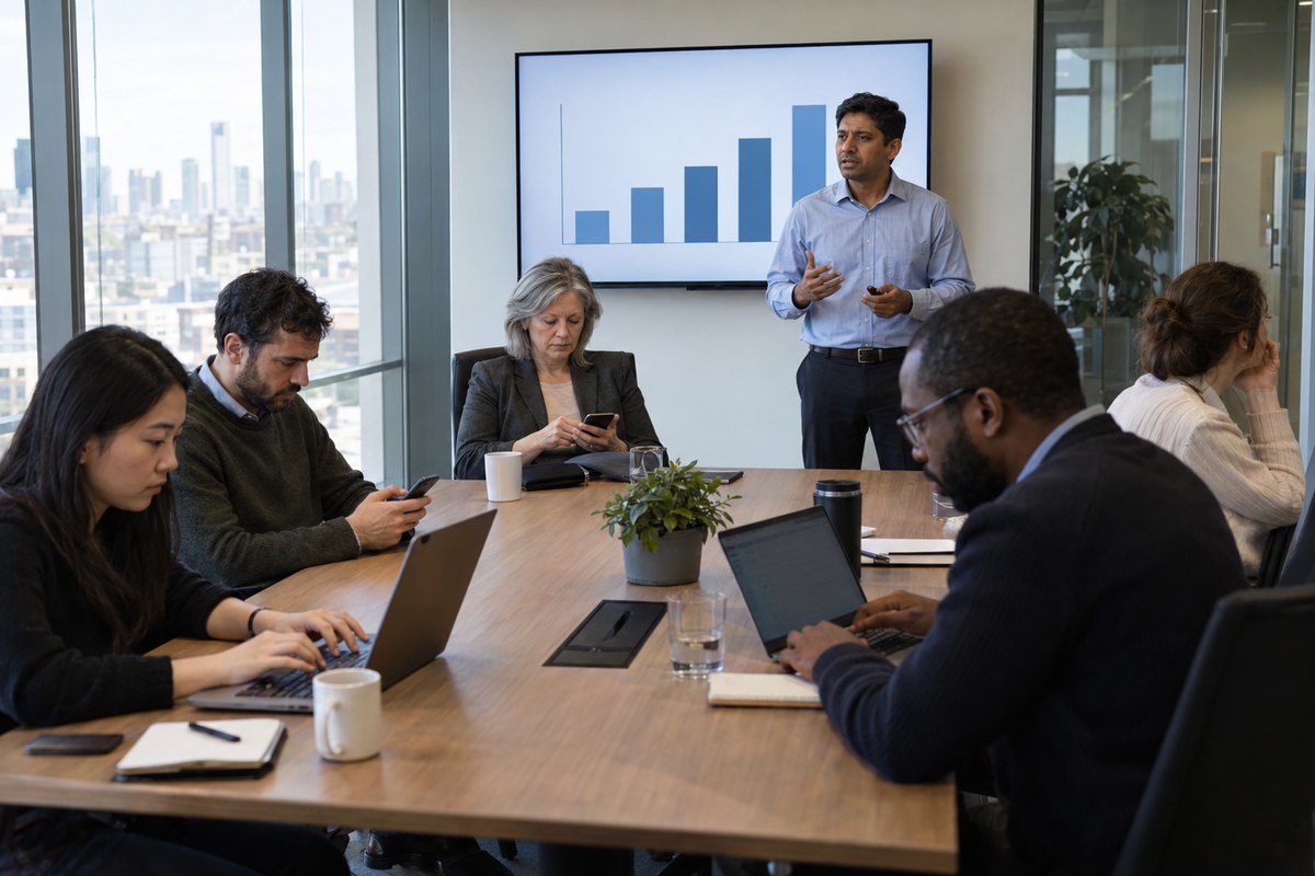 A manager presents his monthly report while his boss and team look at their phones and laptops