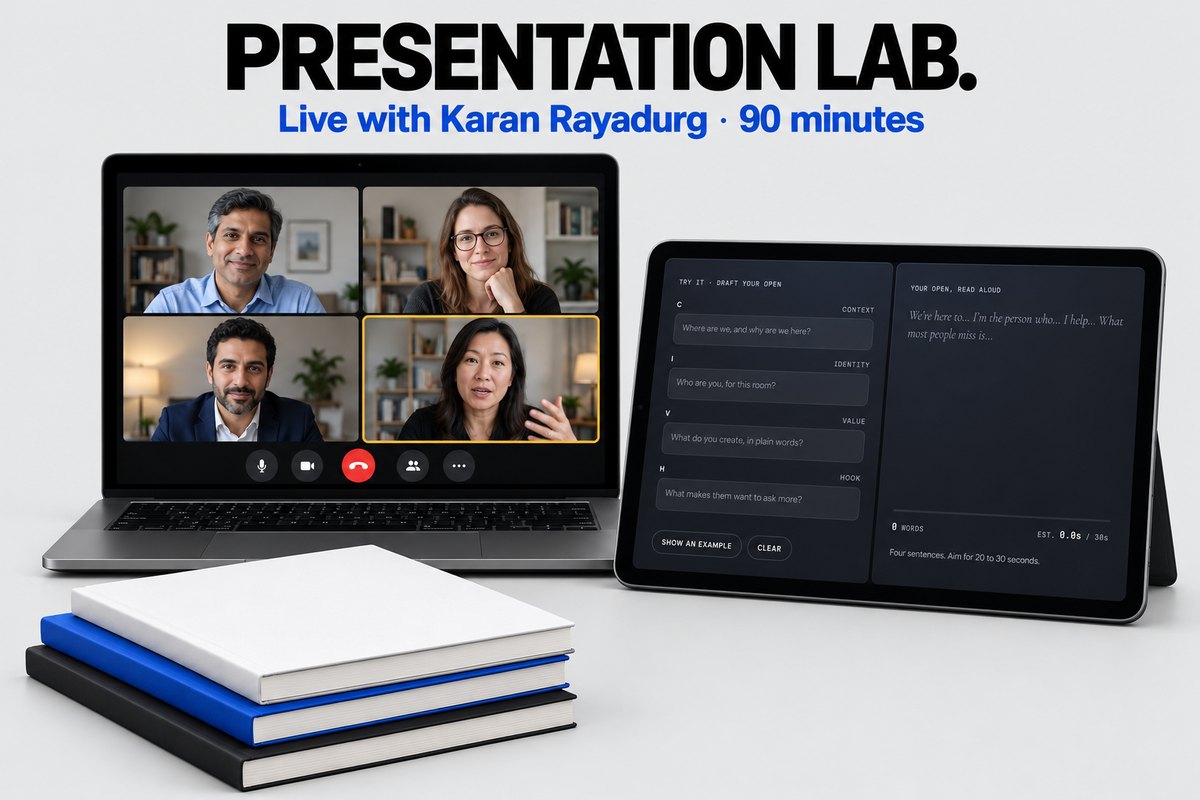Presentation Lab: a live Zoom workshop with Karan Rayadurg, the CIVH Builder worksheet beside it